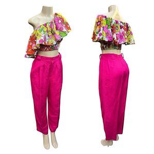 Vintage 90s Maggy Gold Collectible Gold Hot Pink Linen Blend Pants 10